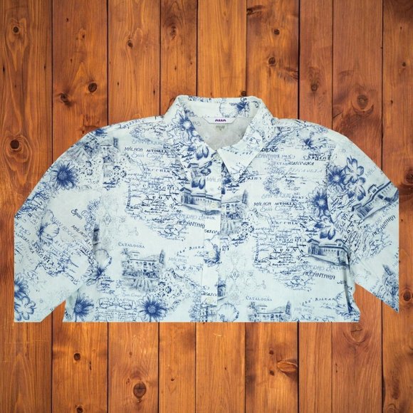 Alia Womens Floral Embroidery White/Blue Button Down Shirt 16 Spain Cities Print - Picture 3 of 9
